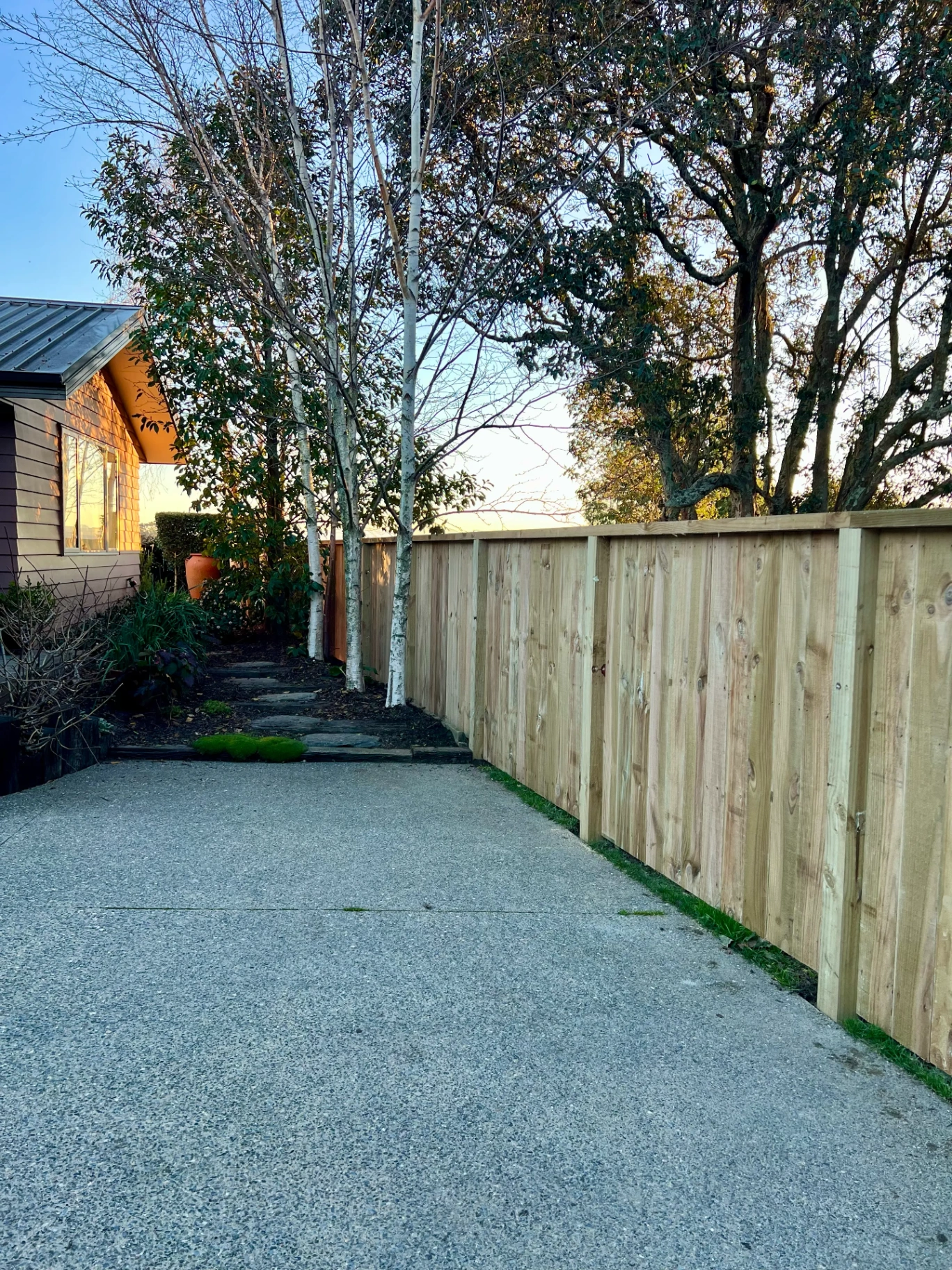 New timber fence with a stone path running through the garden behind
